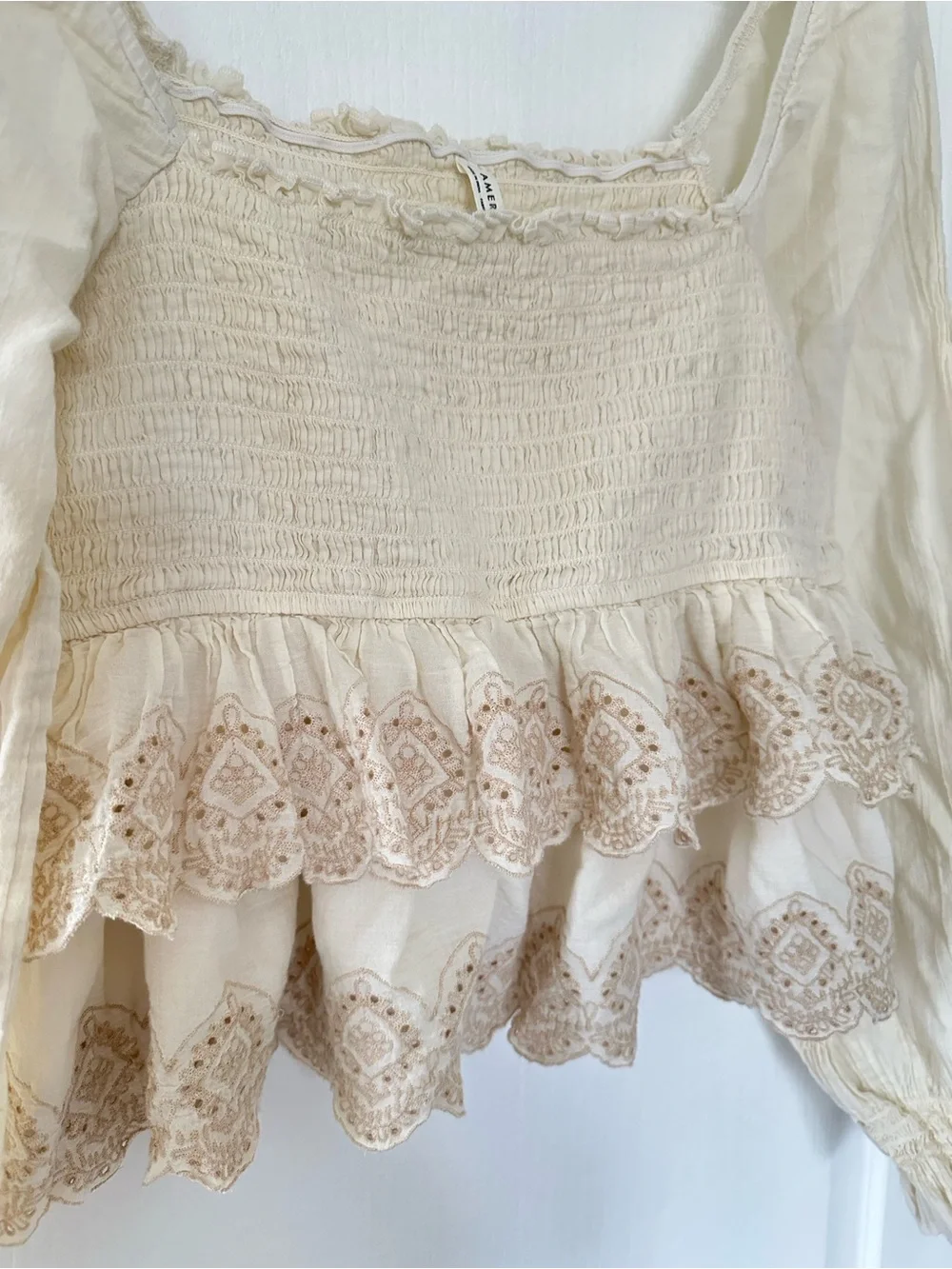 Cream Smocked Square-Neck Lace Peplum Peasant Top Puff Sleeve Boho Cottagecore - Picture 3 of 9